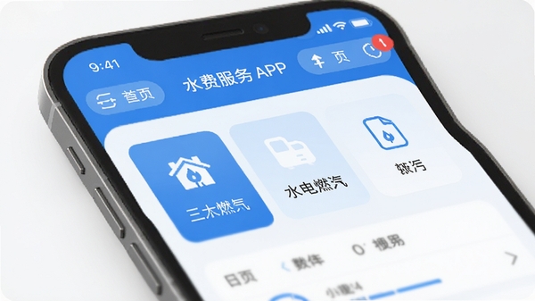 ˮ�ѵ��ͨAPP��ҳչʾˮ��ȼ�������ѯģ����ڣ��������������ֻ���Ļ�Ϸ���ʾ�˵����Ѻ�㣬����ɫ��������Ϊ����ͻ������������񹤾ߵ�ʵ�ø�