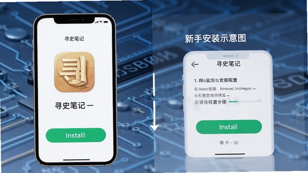 Ѱʷ�ʼ�APP���ְ�װ�̳�ʾ��ͼ��չʾ�ֻ���װ������Ȩ�����ò��裬��Ļ����ʾѰʷ�ʼ�Ӧ��ͼ���밲װ��ť������Ϊ���Ƽ����