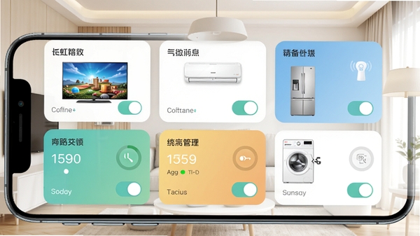 �����ǻۼҾ�APP���豸���������ͼ���ֻ���Ļ��ʾ����豸��Ƭ���������ӡ��յ������䡢ϴ�»��ȣ�ÿ����Ƭ�����豸���ơ���ǰ״̬�Ϳ�ݿ��ذ�ť�����沼�����룬��ɫ���£�����Ϊǳɫ�Ҿӻ�����ͻ�����豸ͳһ�����ı����