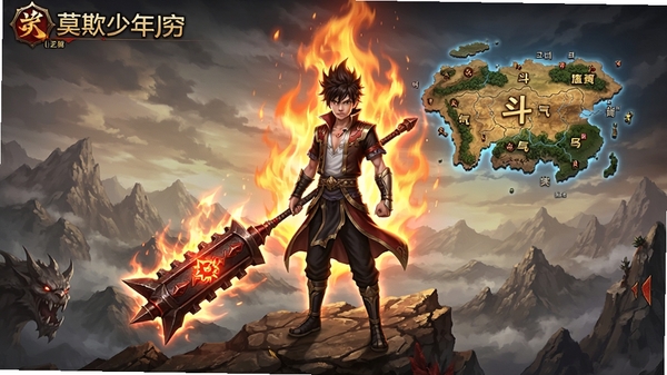 斗破莫欺少年穷游戏主界面展示,少年主角手持玄重尺站立在魔兽山脉之巅,身后是燃烧的异火特效,远处有悬浮的斗气大陆地图,画面风格为东方玄幻写实风,色彩以金红色为主,突出热血逆袭氛围