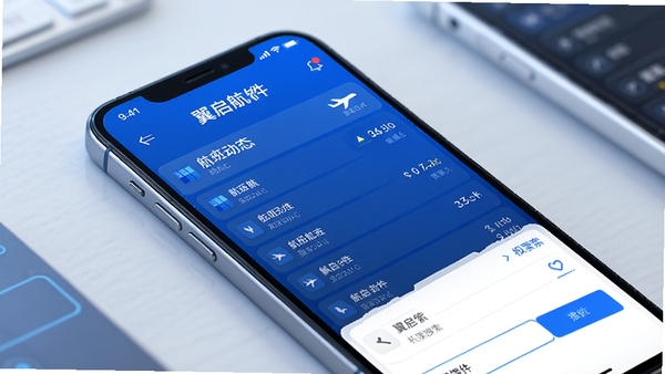翼启航软件界面展示,手机屏幕显示航班动态列表和机票搜索页面,整体风格简洁现代,蓝色主色调,科技感十足,高清UI设计图
