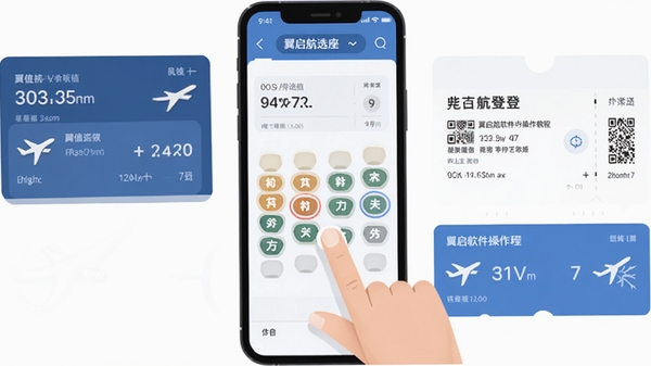 翼启航软件操作教程示意图,手机屏幕显示值机选座界面,手指点击座位区域,周围有航班信息和电子登机牌元素,扁平化设计风格