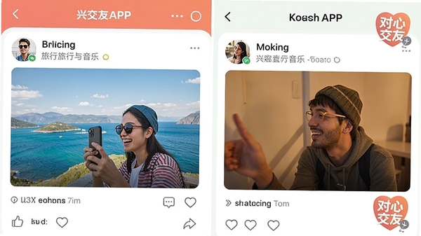 ���Ľ���APP��ȤȦ�ӽ��棬չʾ�û����������������ֶ�̬���������ۻ���Ƶ��������ɫ�����죬ͻ��������Ծ��Χ�����ж��Ľ���logoˮӡ