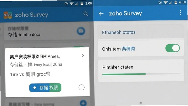 Zoho Survey��׿�ֻ��˰�װȨ��������������дģʽ���������ͼ��չʾ�洢Ȩ�޿�����ʾ�����߿��ؼ��ݸ�ͬ��״̬