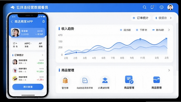 �����̼�APP�ٷ�������չʾͼ���ֻ���Ļ��ʾ���̾�Ӫ���ݿ��壬��������ͳ�ơ���������ͼ����Ʒ������ڣ�����������������ɫ��ɫ����ͻ���̼Ҿ�Ӫ����