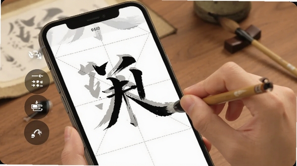 集大家书法移动端操作示意图,手指在手机屏幕上书写毛笔字,屏幕显示米字格和半透明底字,旁边有工具栏图标,背景为书桌场景,突出掌上练字便捷性