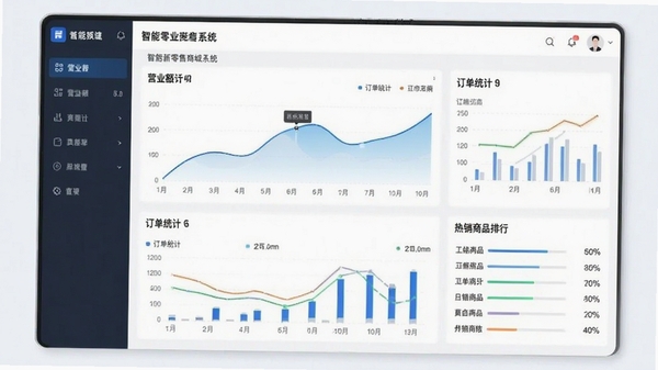 智能新零售商城系统后台数据看板,展示营业额曲线、订单统计与热销商品排行,界面清爽,数据可视化