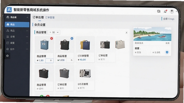 智能新零售商城系统操作界面截图,展示商品管理、订单处理与会员设置页面,手机屏幕特写,清晰直观