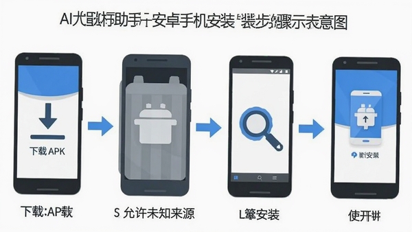 AI Agent助手安卓手机安装步骤示意图,展示下载APK、允许未知来源、点击安装、打开使用的流程,扁平化图标风格,蓝白配色