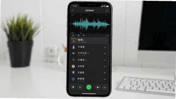 DOWAY录音软件界面展示图,手机屏幕显示声波波形与录音列表,背景为简洁办公桌面,突出专业录音与文件管理功能