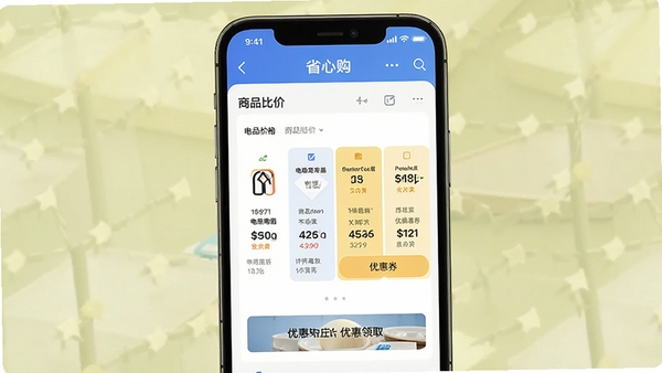 ʡ�Ĺ�APP��Ʒ�ȼ۹��ܽ��棬չʾ�������ƽ̨�۸�ԱȺ��Ż�ȯ��ȡ��ť���ֻ�Ӧ�ý�ͼ�����������Ʒ��
