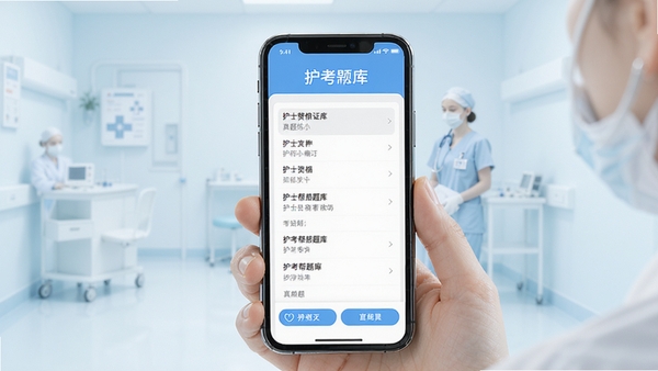 护考帮题库手机刷题界面展示,护士资格证考试真题练习场景,简洁清爽的移动端UI设计,护考帮题库软件名称醒目显示在顶部,背景为柔和医疗蓝白色调