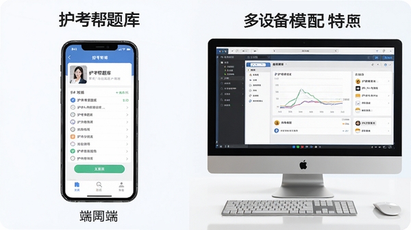 护考帮题库在手机与电脑模拟器上的使用对比示意图,左侧为手机端刷题界面,右侧为电脑端模拟器运行画面,突出护考帮题库多设备适配特点