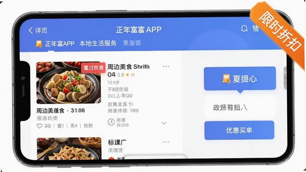 ���긻APP�����������ҳ���ͼ��չʾ�ܱ���ʳ�Ƽ��б����Ż�����ڣ���������������ص�ͻ����ʱ�ۿ۱�ǩ