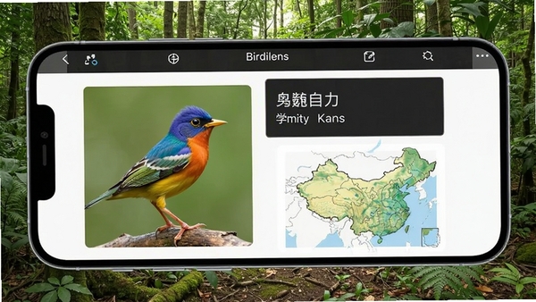 Birdilens��������չʾ���ֻ���Ļ��ʾ����ʶ����ҳ�棬һֻ��ɫС����Ƭ�Ա߱�ע����������ѧ���ͷֲ���ͼ����������Ȼɭ�ֻ�������������������ͻ��AIʶ����