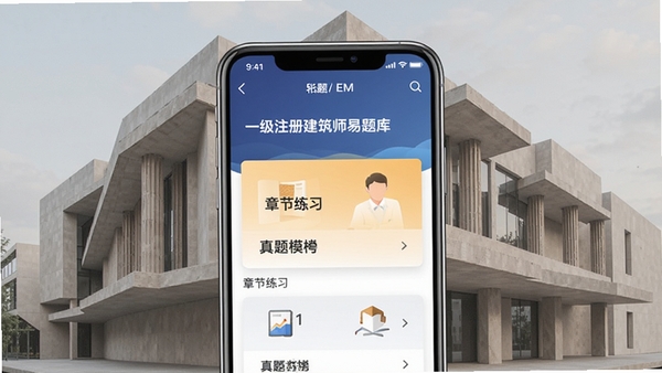 一级注册建筑师易题库手机APP首页刷题界面展示,建筑风格背景,显示章节练习和真题模考模块