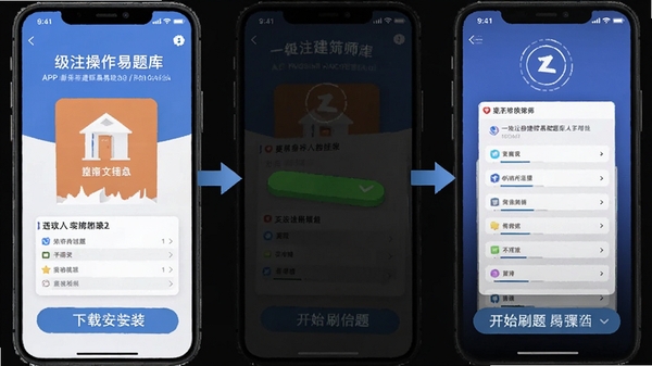 一级注册建筑师易题库APP新手操作流程图,展示下载安装到开始刷题的步骤,手机界面截图风格