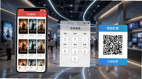 ���Ӱ��App����չʾ���ֻ���Ļ�г��ֵ�Ӱ�����б�������ѡ��ҳ���ȡƱ��ά�룬����Ϊ�ִ�ӰԺ�������Ƽ����������ϣ�����дʵ���