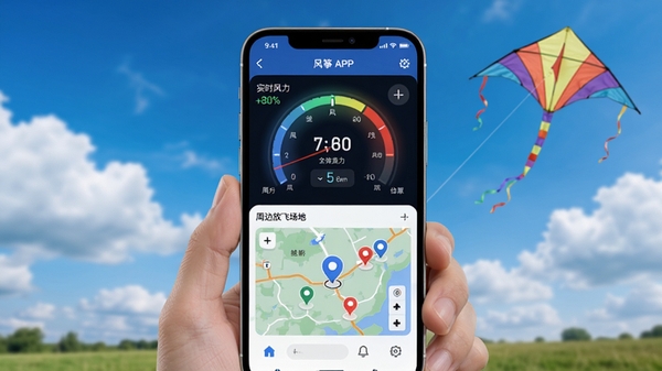 ��������APP����չʾ���ֻ���Ļ����ʾʵʱ���������Ǳ��̺��ܱ߷ŷɳ��ص�ͼ��ע��������������ƺ�һֻ��ɫ���ݣ��Ƽ����뻧������