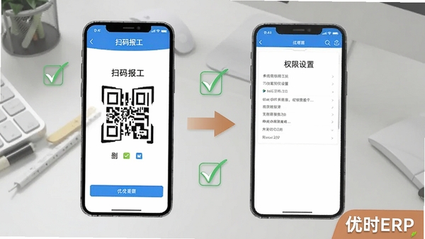 ��ʱERP�����̳�ʾ��ͼ���ֻ���Ļ��ʾɨ�뱨��������Ȩ������ҳ�棬�Ա��й�ѡ��Ǻͼ�ͷָ��������Ϊǳ��ɫ�칫���棬����������ʱERP�����ڻ������