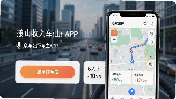 众车出行车主APP主界面展示,手机屏幕显示订单列表与地图导航,背景为城市道路,风格简洁现代,突出接单按钮与收入统计模块