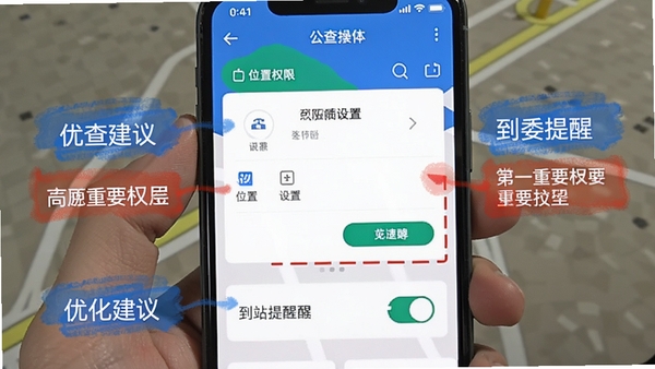 ���ϲ鹫��·���ƶ��˲�����ͼ��չʾλ��Ȩ�����ý���͵�վ���ѿ��أ��ֻ���Ļ���к�ɫ��ע��ʾ��ҪȨ�ޣ���ɫ��ע�Ż����飬���廭������ֱ��