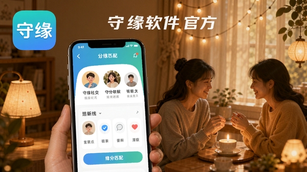 守缘软件官方宣传图,展示清新社交界面与缘分匹配功能,包含守缘应用图标和温暖社交场景
