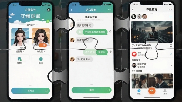 守缘软件移动端操作界面拼图,展示匹配、聊天、动态发布等核心功能页面,标注守缘使用教程