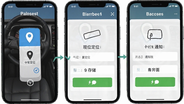中军司机APP安装权限设置界面示意图,展示定位、存储、通知权限开启步骤,手机屏幕截图风格