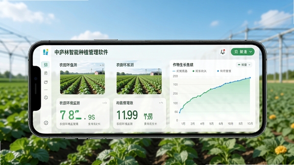 中庐林智能种植管理软件界面展示,手机屏幕显示农田环境监测数据与作物生长曲线,背景为绿色农田与蓝天,风格清新科技感