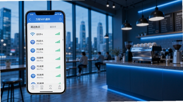 万联WiFi通软件主界面展示,手机屏幕显示周边WiFi热点列表与信号强度指示,背景为现代城市咖啡馆环境,科技感蓝色调,高清UI风格