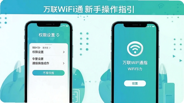 万联WiFi通新手操作指引示意图,手机屏幕显示权限设置步骤与WiFi连接成功界面,扁平化设计风格,清新蓝绿色调