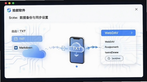 ʰ�����������ݱ�����ͬ�����ý��棬չʾ����ΪTXT��Markdownѡ���Լ�WebDAV������ڣ����������ƶ���ֻ�ͼ��ʾ��������ת����������Ƽ���