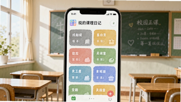 �ҵ�У԰�ռ�APP�α��������棬����У԰����ֻ���Ļչʾ��ɫ�γ̿�Ƭ�������ǽ��Һڰ�Ϳ�����������͵Ĺ���