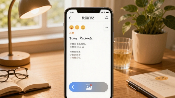 �ҵ�У԰�ռ�APP�ռ�׫д���棬�ֻ���Ļ��ʾ�ռǱ༭ҳ�棬����������ͼƬ���밴ť����������ܰ����������ֲ