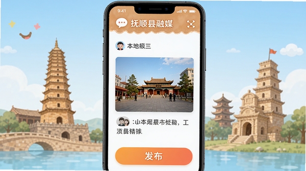 ��˳����ýAPP�������Ϲ��ܽ��棬չʾ�û��ϴ��ı���ͼƬ�����֣�����ײ��з�����ť����������Ѻã����븧˳�صر�Ԫ��