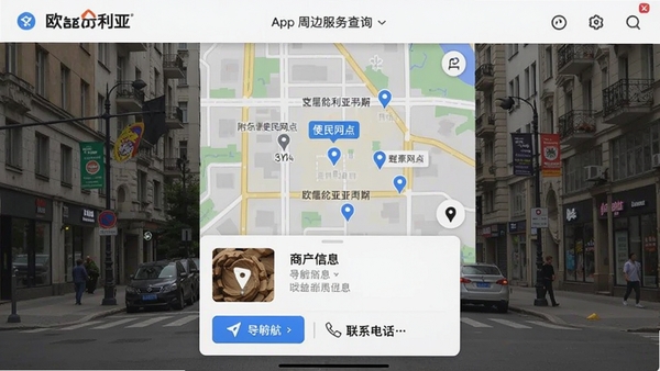 ŷ������App�ܱ߷����ѯ���棬��ͼ�ϱ�ע�����������㣬�ײ������̻���Ƭ��Ϣ������������ť����ϵ�绰������Ϊ���н���