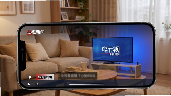 手机电视直播软件界面展示,一部智能手机横屏播放央视新闻频道,画面清晰流畅,背景是温馨的居家客厅环境,突出随时随地看电视的便捷感