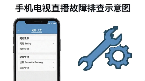 手机电视直播故障排查示意图,手机屏幕显示网络设置和权限管理界面,旁边有扳手和齿轮图标,突出解决问题的方法,风格简洁明了