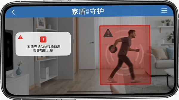 家盾守护App移动侦测报警功能示意,手机弹出报警通知,画面中有人影移动被标记,界面有红色警示元素,软件名称家盾守护出现在顶部