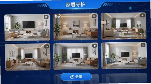 家盾守护App多设备管理界面,展示多个摄像头缩略图排列,每个画面显示不同房间,界面有分享按钮,蓝色科技风格,软件名称家盾守护在顶部