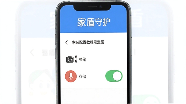 家盾守护App安装配置教程示意图,手机屏幕显示权限设置页面,有相机麦克风存储权限开关,界面简洁明了,软件名称家盾守护在顶部,蓝色调