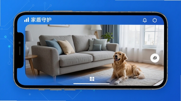 家盾守护App实时监控界面展示,手机屏幕显示家庭客厅高清画面,画面中有沙发和宠物,界面简洁,科技感蓝色调,软件名称家盾守护清晰可见