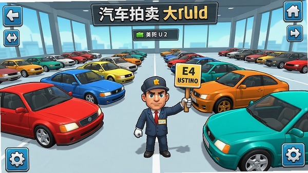 汽车拍卖大亨游戏内拍卖场场景,多辆二手车排列展示,玩家正在举牌竞拍,画面明亮卡通风格