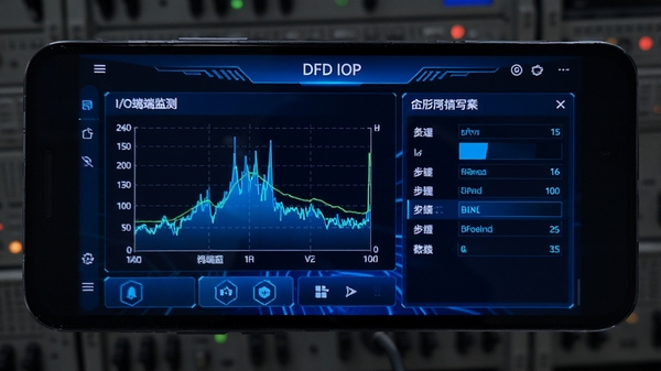 DFD IOP软件界面展示,安卓手机屏幕显示I/O端口监测图表与参数读写面板,科技感蓝色调,清晰直观的操作界面