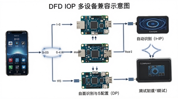 DFD IOP多设备兼容示意图,手机连接不同开发板与调试设备,展示自动识别与配置加载过程