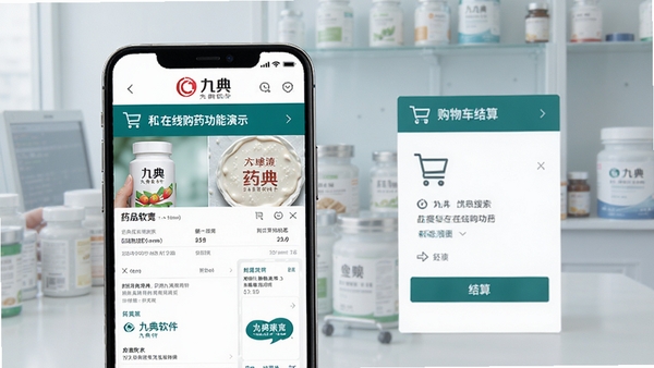 九典软件药品搜索与在线购药功能演示图,手机界面展示药品详情页和购物车结算流程,画面中清晰呈现九典品牌标识,风格简洁现代