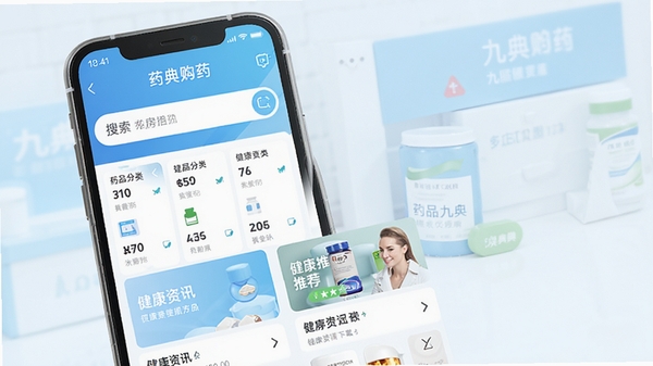 九典app官方正版下载安装界面展示图,手机屏幕中显示药房购药首页,包含药品分类导航、搜索框与健康资讯推荐,背景为清新淡雅的蓝白色调,突出医药健康主题