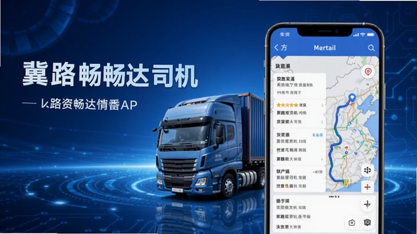 冀路畅达司机APP官方宣传图,展示手机界面中清晰的货源列表与地图导航路线,蓝色科技感背景,突出货运卡车元素