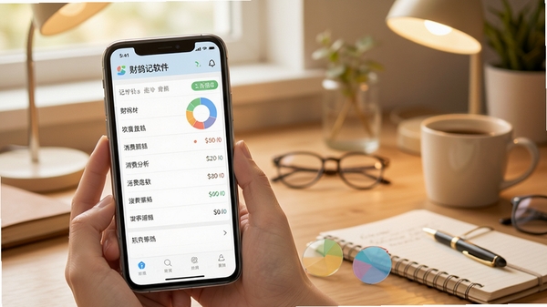 财鸽记账软件界面展示图,手机屏幕显示简洁的记账列表和彩色饼状消费分析图,背景为温馨的书桌场景,突出轻量便捷的理财工具氛围